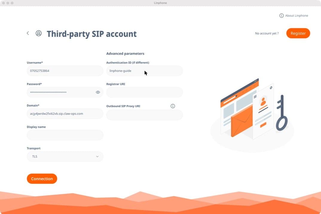 Linphone Third-party SIP account 입력 화면: Username 070 번호, Domain, Authentication ID, Transport TLS
